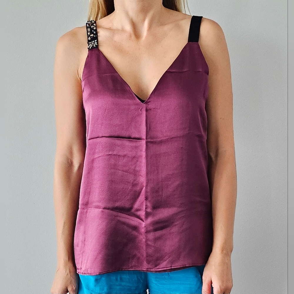 Cami NYC Plum Silk V-Neck Camisole with Decorative Straps and Floral Accent